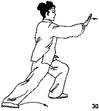Тайцзицюань. 24 формы стиль Ян.  Обхват колена и упрямый шаг слева. движение четвёртое -   Дугообразный шаг, толчок и обхват.